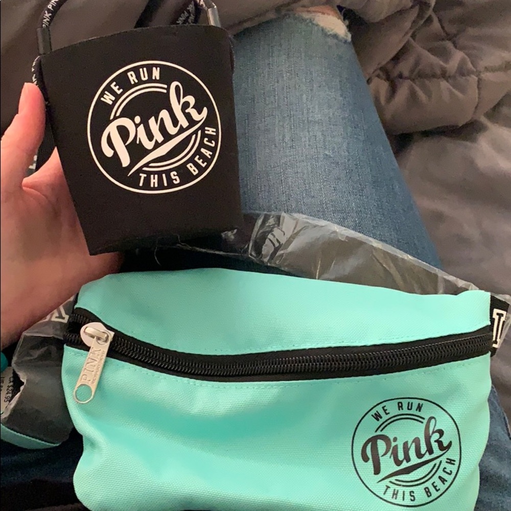 NEW pink fanny pack & lanyard koozie